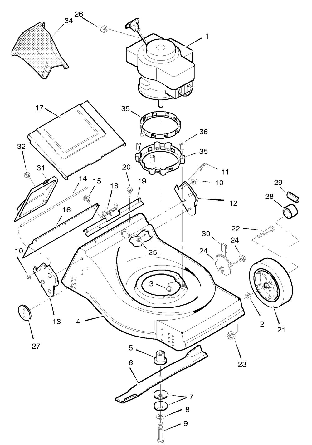 Mower Housing Assembly Diagram and Parts List for 21674X62A 1996 Briggs and Stratton Lawn Mower